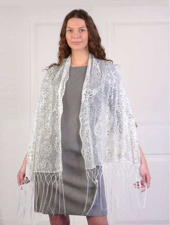 Sequined Flower Mesh Scarf W/ Fringe